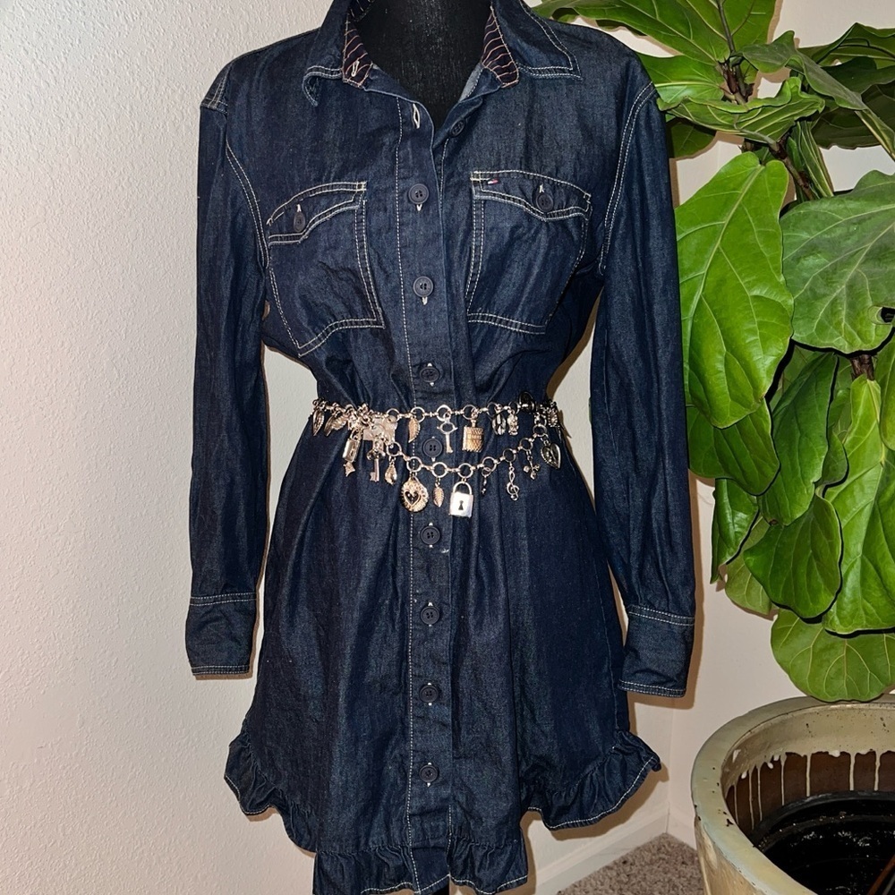 Tommy Hilfiger Women’s Denim T-Shirt Button Down  Dress Ruffle Hem Long Sleeve